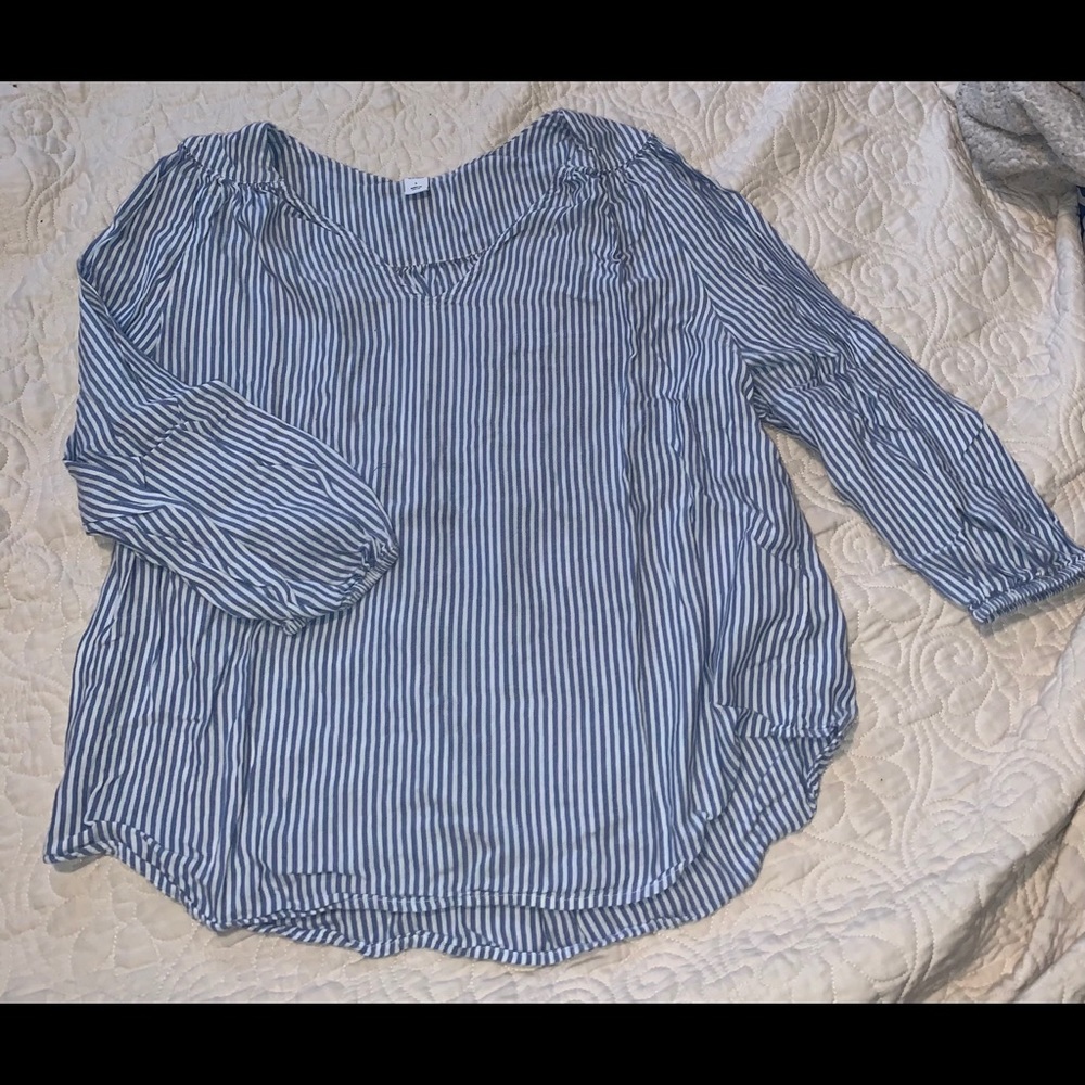 Striped, Cropped-Sleeve Blouse